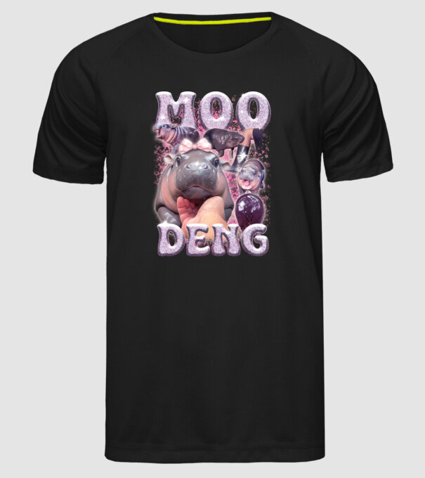 MOO DENG baby hippo model negru pe tricou