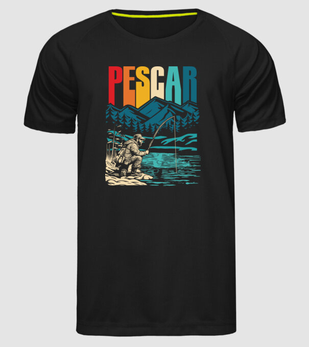 Pescar retro model negru pe tricou