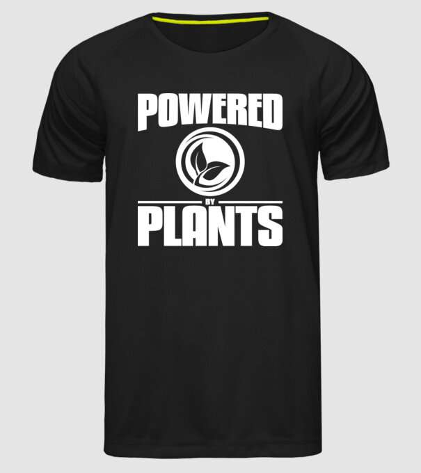powered_by_plants model negru pe tricou