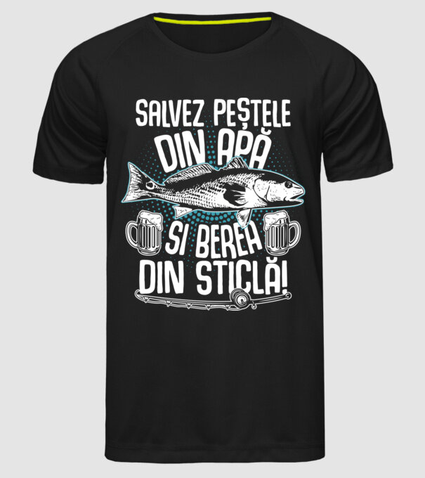 salvez peștele din apă și berea din sticlă model negru pe tricou