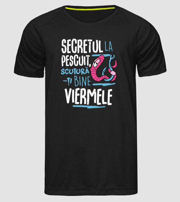 Secretul la pescuit scutură-ți bine viermele model negru pe tricou