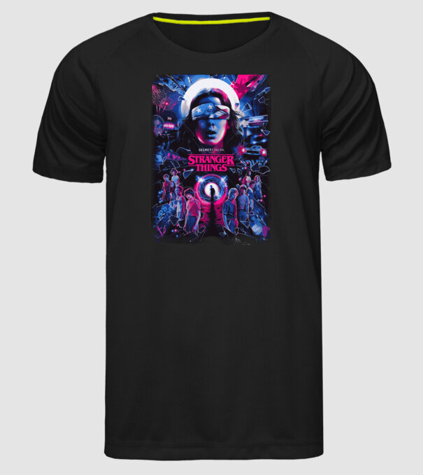 stranger things poster neon model negru pe tricou