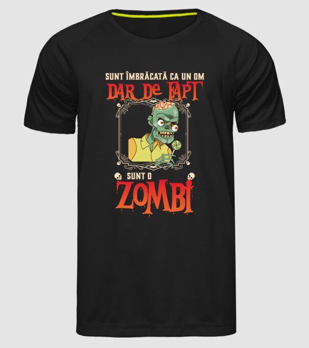 sunt îmbrăcat ca un om, dar de fapt sunt un zombi model negru pe tricou