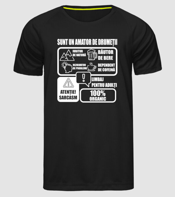 sunt un amator de drumeții - iubitor de natură - rezolvator de probleme - băutor de bere - dependent de cofeină - limbaj pentru model negru pe tricou