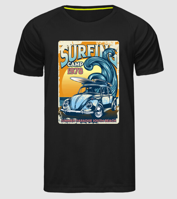 Surfer Camp model negru pe tricou