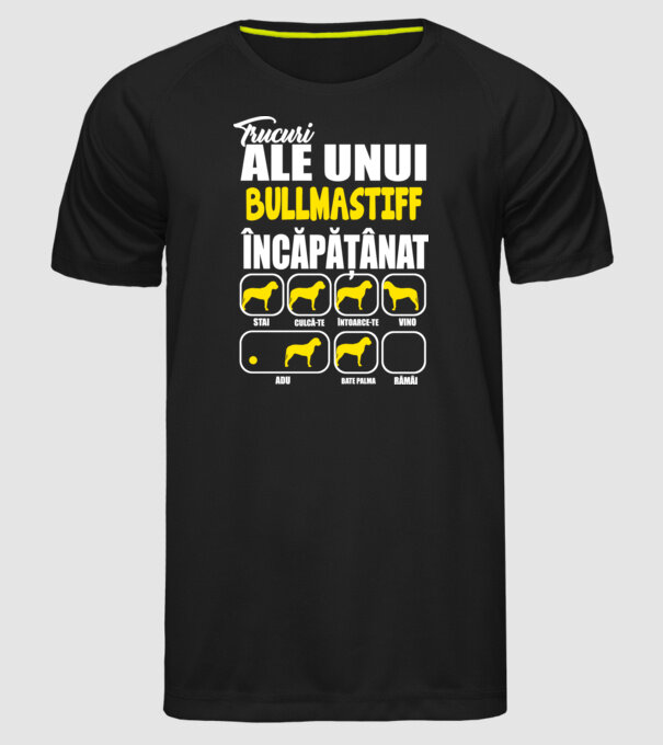 trucuri ale unui bullmastiff încăpățânat stai, culcă-te, întoarce-te, vino, adu, bate palma, rămâi model negru pe tricou