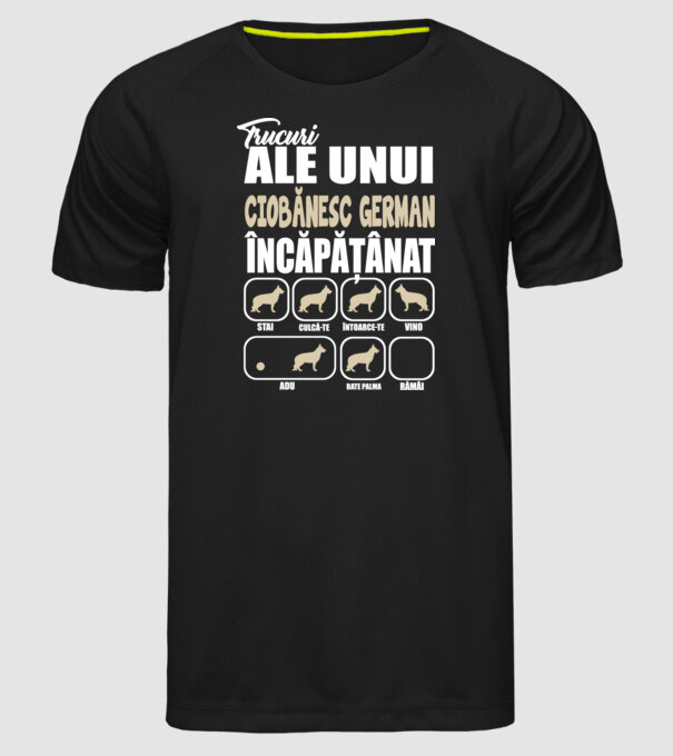 trucuri ale unui ciobănesc german încăpățânat stai, culcă-te, întoarce-te, vino, adu, bate palma, rămâi model negru pe tricou