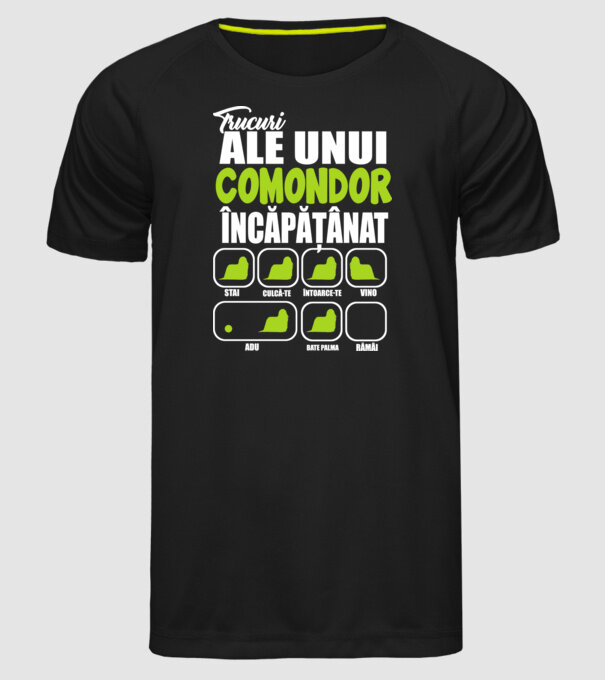 trucuri ale unui comondor încăpățânat stai, culcă-te, întoarce-te, vino, adu, bate palma, rămâi model negru pe tricou