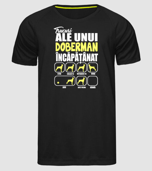 trucuri ale unui doberman încăpățânat stai, culcă-te, întoarce-te, vino, adu, bate palma, rămâi model negru pe tricou
