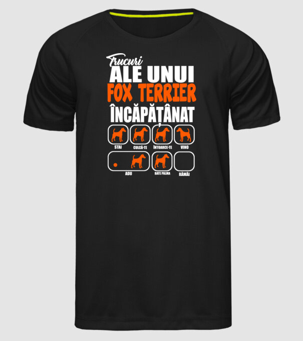 trucuri ale unui fox terrier încăpățânat stai, culcă-te, întoarce-te, vino, adu, bate palma, rămâi model negru pe tricou