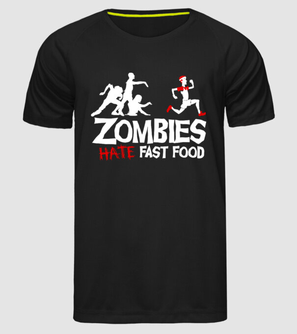 Zombies Hate Fast Food model negru pe tricou