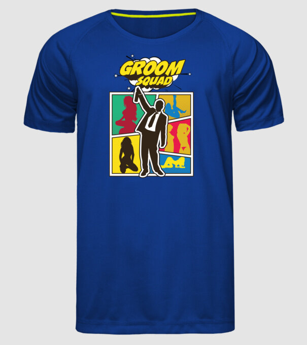 Comic Groom Squad model albastru regal pe tricou