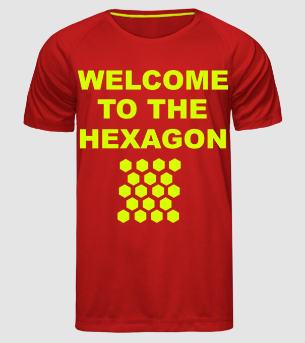 Welcome to the hexagon model roșu pe tricou