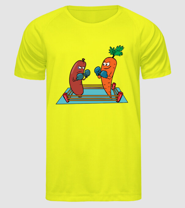 sausage vs carrot model galben neon pe tricou
