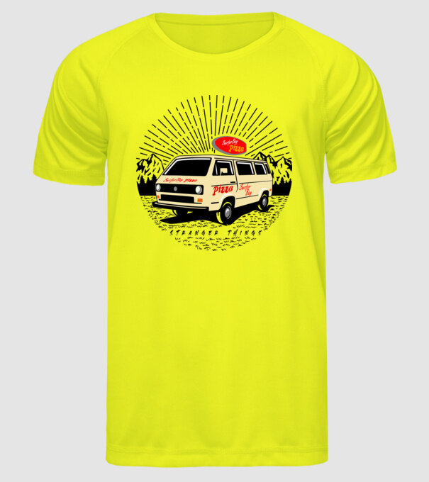 surfer boy pizza bus stranger things model galben neon pe tricou