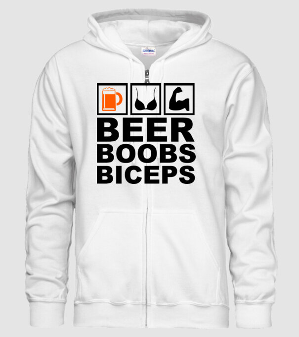 Beer Boobs Biceps model alb pe tricou