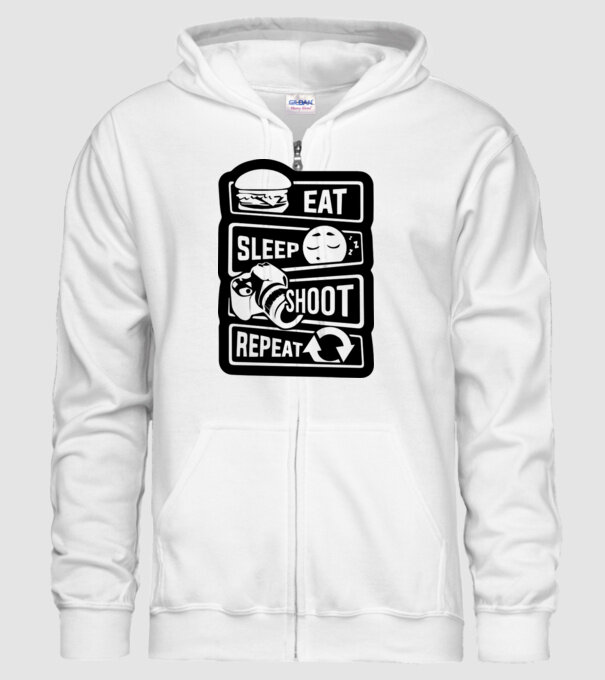 eat sleep shoot repeat model alb pe tricou