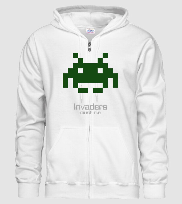 Invaders Must Die model alb pe tricou