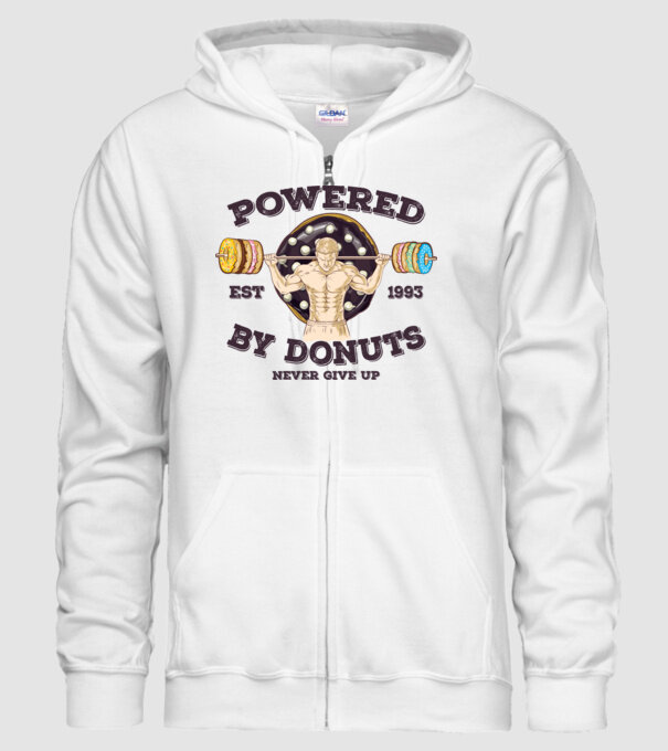 Powered by donuts model alb pe tricou
