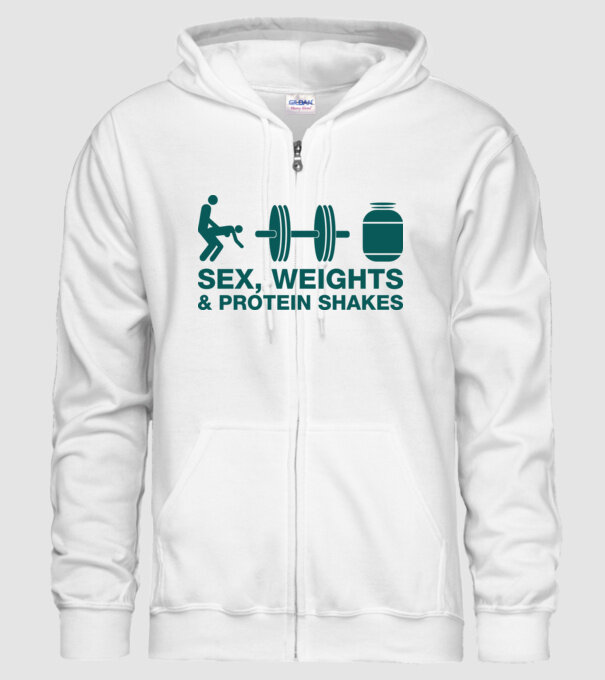 Sex, weights and protein shakes model alb pe tricou