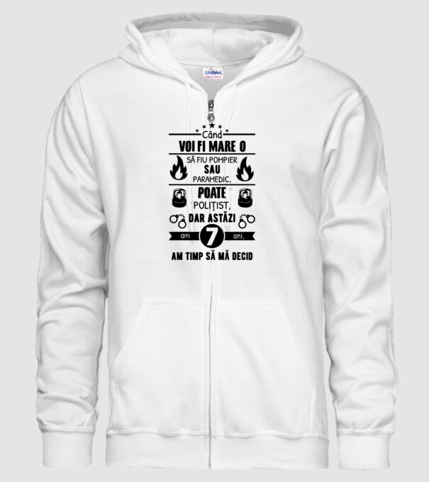 când voi fi mare o să fiu pompier sau paramedic, poate polițist, dar astăzi am 7 ani, am timp să mă decid model alb pe tricou
