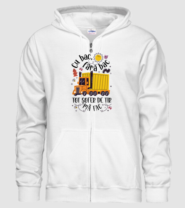 Cu bac, fără bac, tot șofer de tir mă fac model alb pe tricou