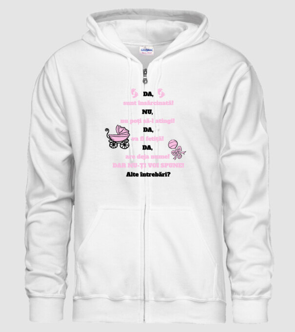 Da, sunt însărcinată! Nu, nu poți să-l atingi! Da, va fi fetiță! Da, are deja nume! Dar nu-ți voi spune! Alte întrebări? model alb pe tricou