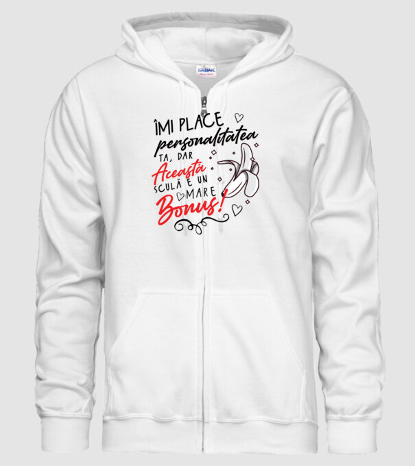 Dar această sculă e un mare bonus! model alb pe tricou