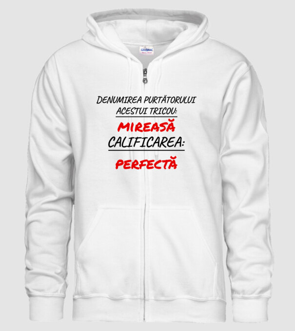 denumirea persoanei care poartă tricoul: mireasă - calificarea: perfectă model alb pe tricou