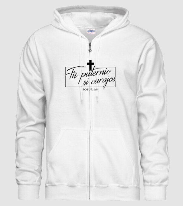 Fii puternic și curajos. Iosua 1:9 model alb pe tricou