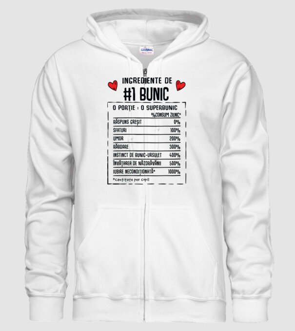 Ingrediente Bunic - o porție : un superbunic - %consum zilnic* răspuns greșit, sfaturi, umor, răbdare, instinct de bunic-ursuleț model alb pe tricou