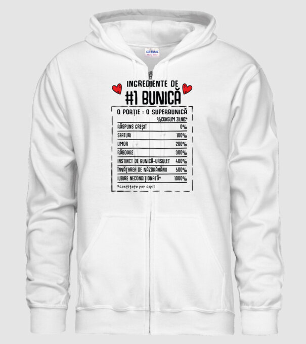 Ingrediente Bunică - o porție : o superbunică - %consum zilnic* răspuns greșit, sfaturi, umor, răbdare, instinct de bunică-ursul model alb pe tricou