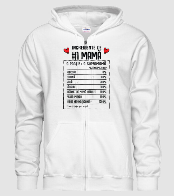 Ingrediente de Mamă - o porție : o supermamă - %consum zilnic* relaxare, cofeină, grijă, răbdare, instinct de mamă-ursuleț, mult model alb pe tricou