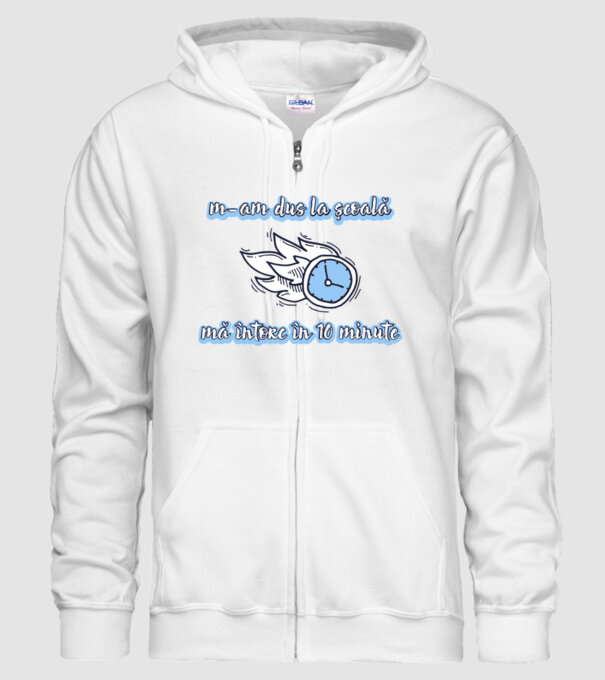 m-am dus la școală, mă întorc în 10 minute model alb pe tricou