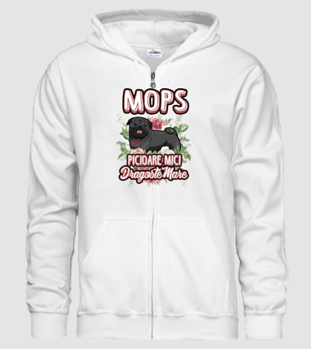 Mops negru picioare mici dragoste mare model alb pe tricou