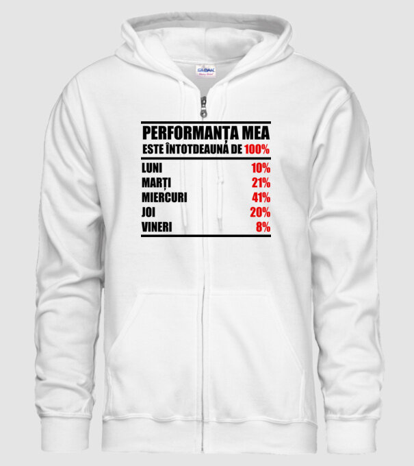 performanța mea este întotdeauna de 100% : luni, marți, miercuri, joi, vineri model alb pe tricou