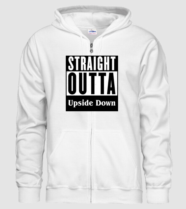 straight outta upside down model alb pe tricou