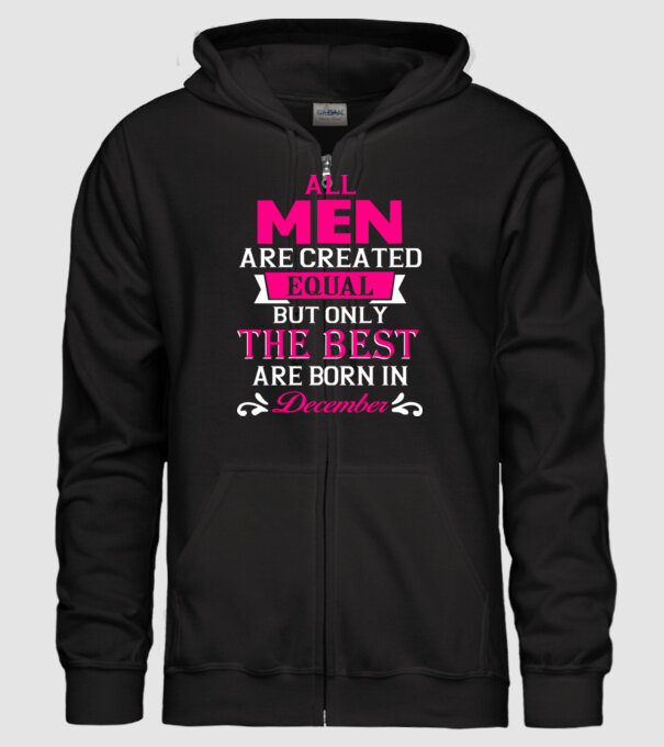 All men created equal but only the beat are born in december model negru pe tricou