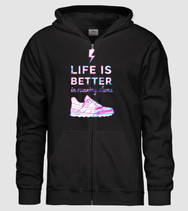 Life is better running shoes HOLO model negru pe tricou