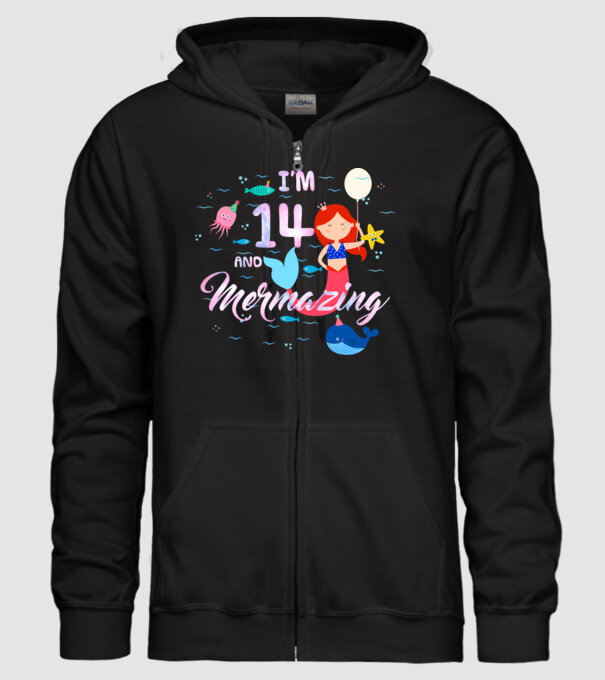 Mermazing Birthday 14 model negru pe tricou