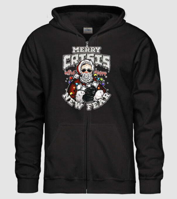 Merry Crisis and Happy New Fear model negru pe tricou