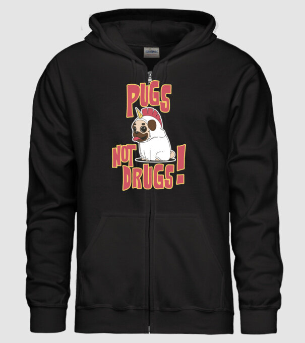 Pugs not drugs model negru pe tricou