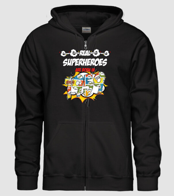 real superheroes are born in 1959 model negru pe tricou