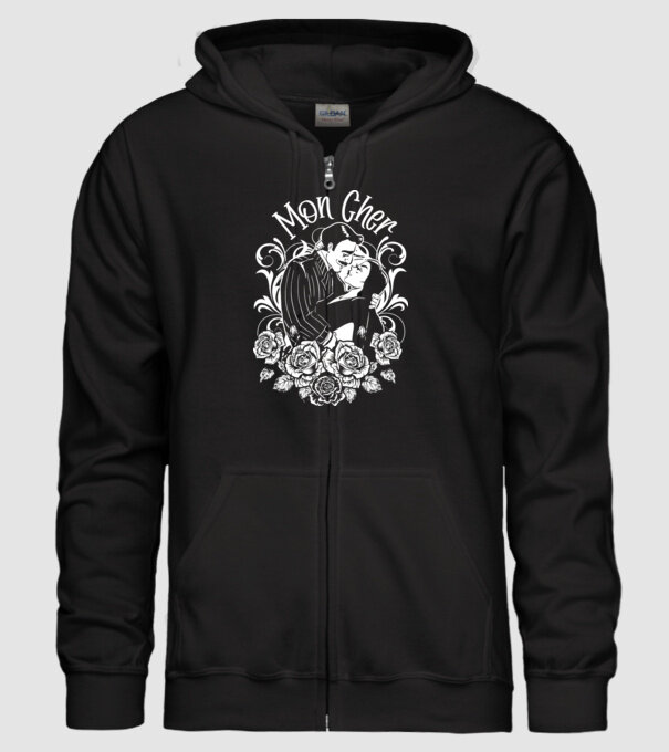 Addams family couple shirt Morticia and Gomez Mon cher model negru pe tricou