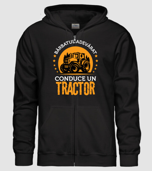 Bărbatul adevărat conduce un tractor model negru pe tricou