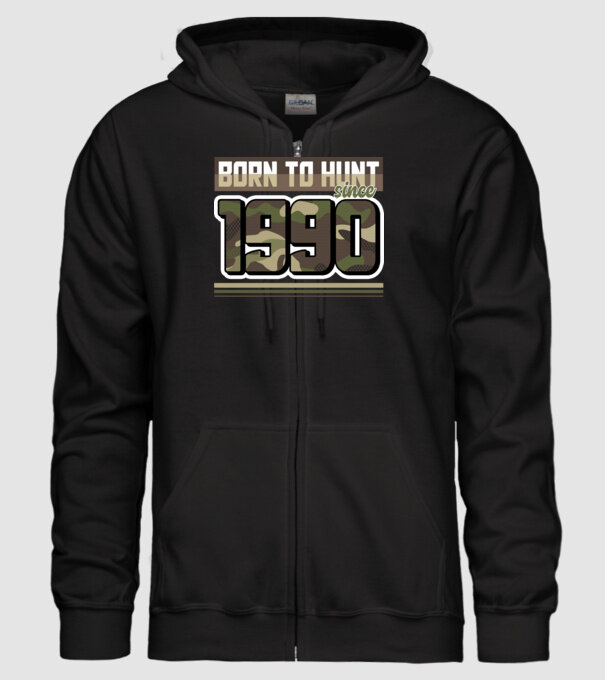 Born to hunt since 1990 model negru pe tricou