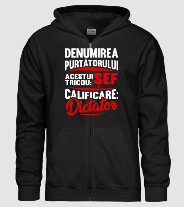 denumirea purtătorului acestui tricou: șef - calificare: dictator model negru pe tricou