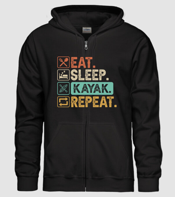 Eat Sleep Kayak model negru pe tricou