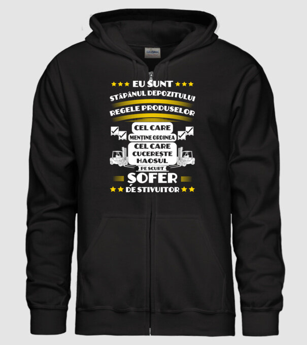 eu sunt stăpânul depozitului, regele produselor, cel care menține ordinea, cel care cucerește haosul, pe scurt, șofer de stivuit model negru pe tricou