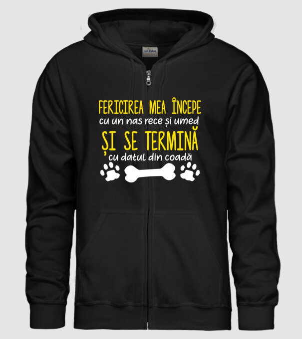 fericirea mea începe cu un nas rece și umed și se termină cu datul din coadă model negru pe tricou